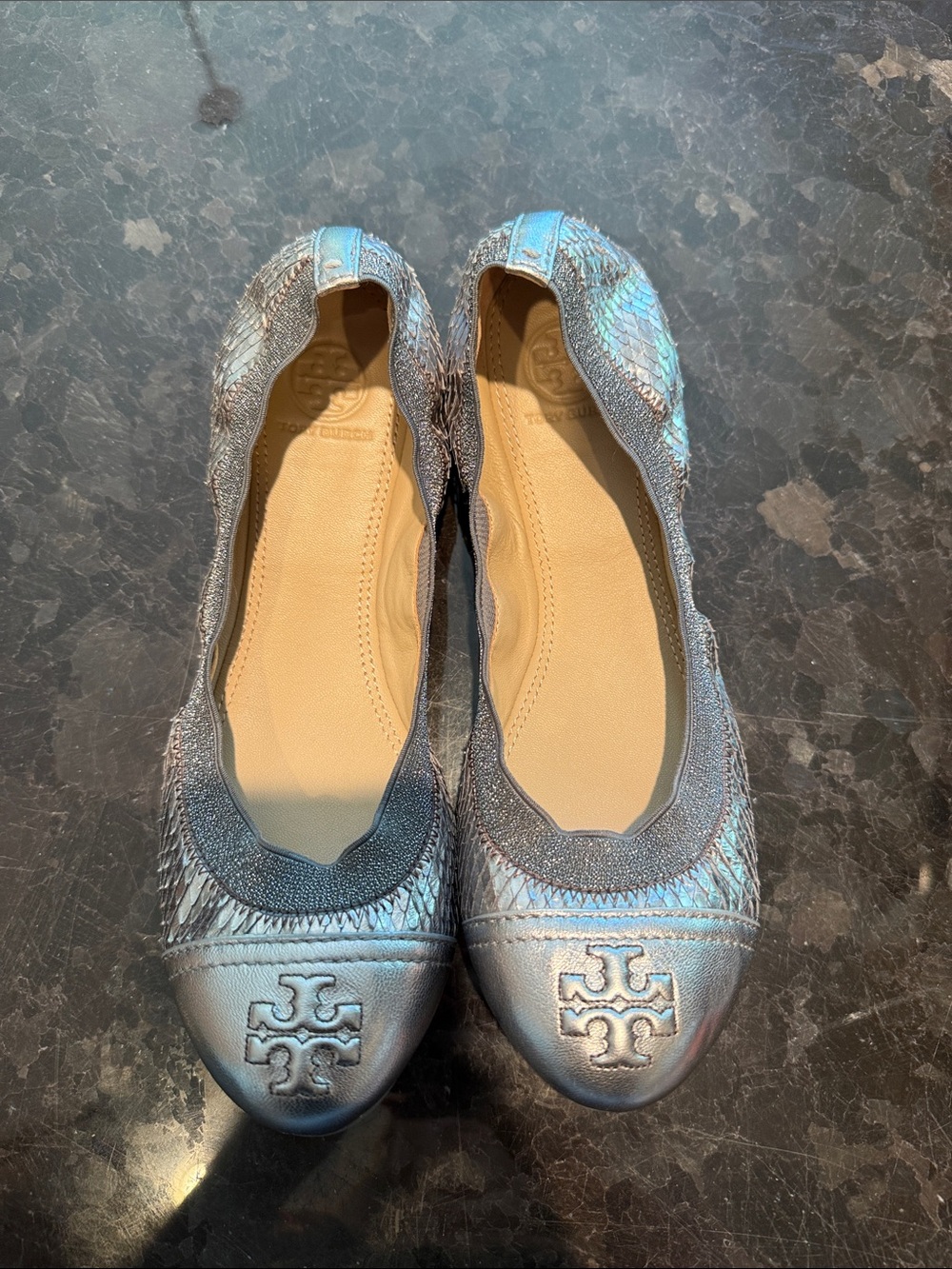 Tory Burch Iridescent Silver Logo Ballet Flats